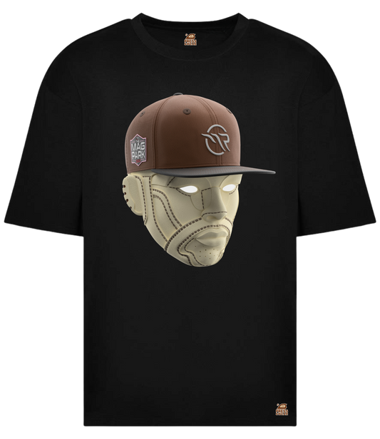 Unisex Oversized Black T-shirt with Robot Head Graphic